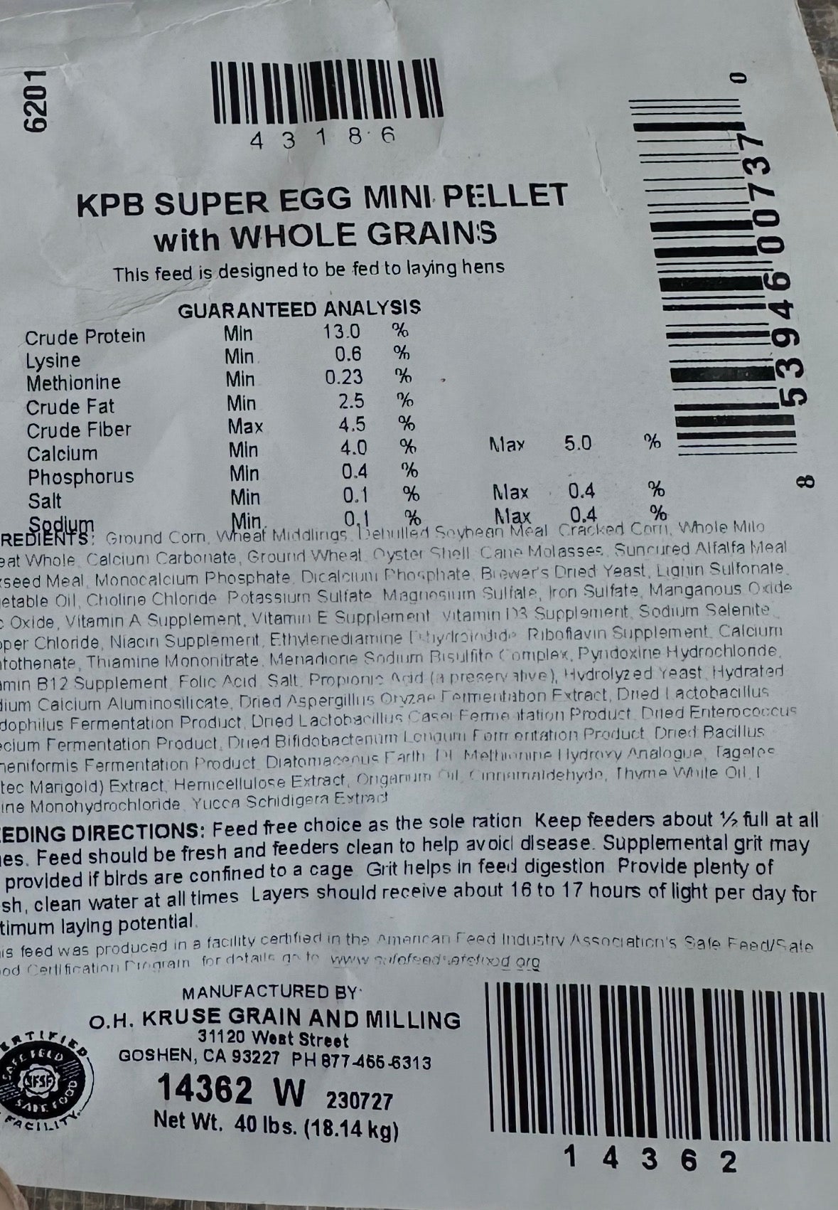 Kruse’s Perfection Brand Super Egg mini pellet
with whole grains – 40 lb