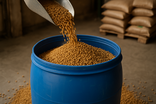 filling a 55 gallon barrel with chicken feed